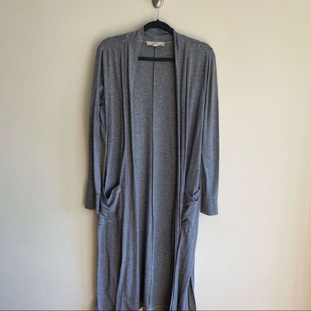 Black and white striped full length duster